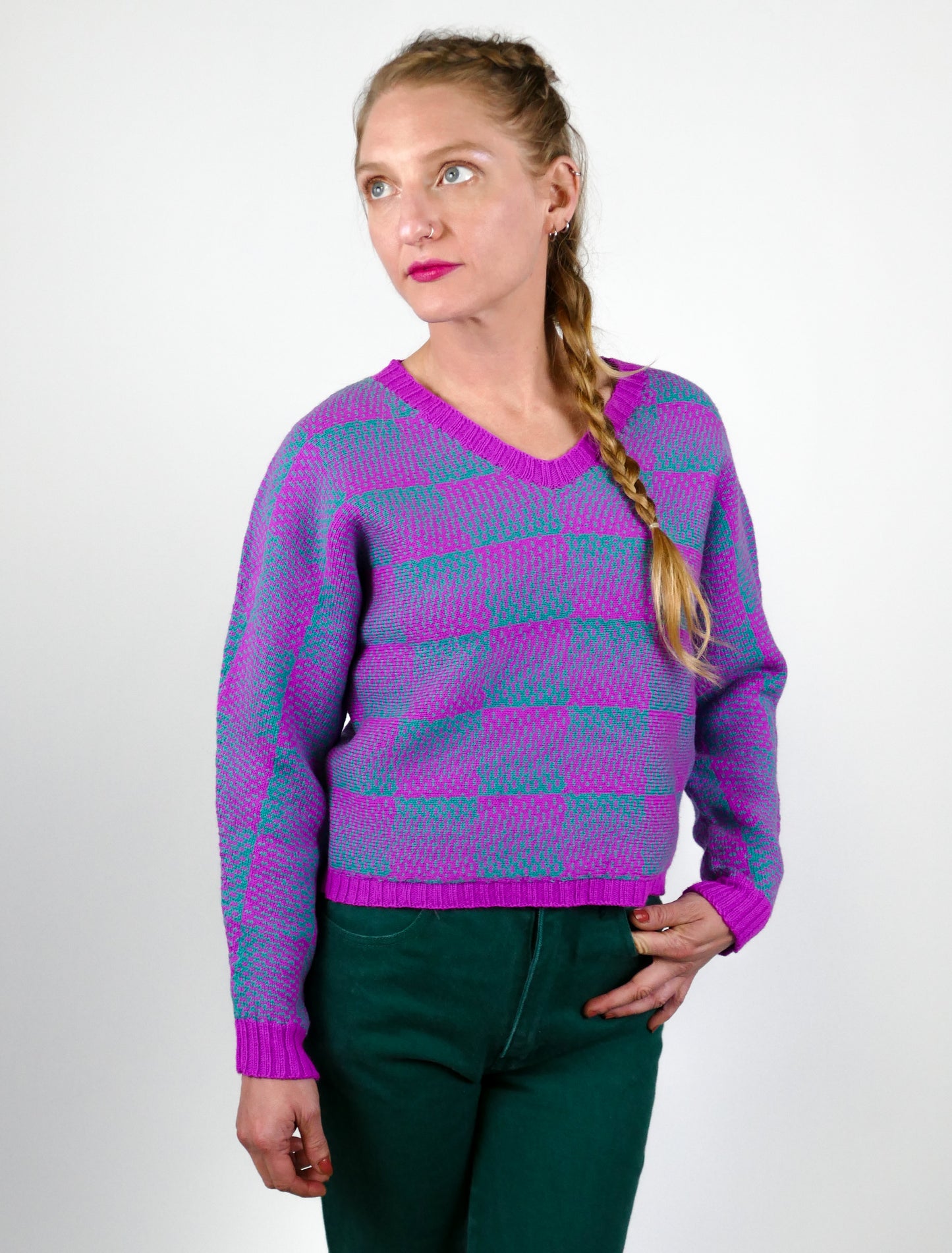 Gradient Checkerboard Sweater in Jade & Magenta