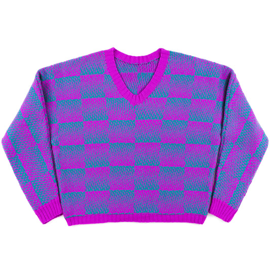 Gradient Checkerboard Sweater in Jade & Magenta